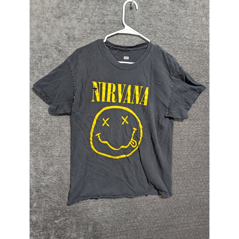 Nirvana Smiley Face Graphic T-Shirt Faded Black Yellow Logo Distressed Grunge